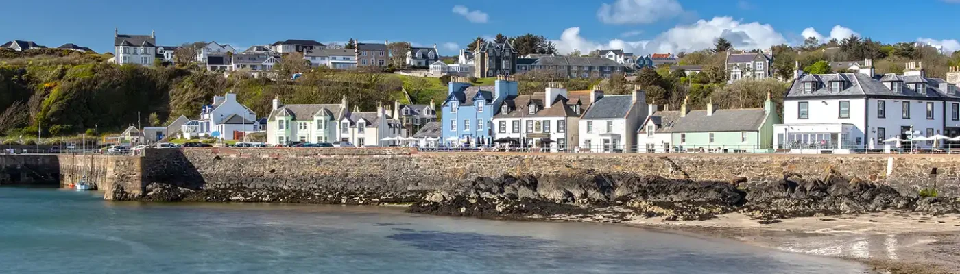 Dumfries coastline with blue sky.